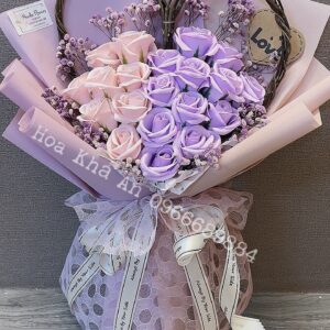 bó hoa sáp tim salic mix hoa hồng nhạt với tím nhạt